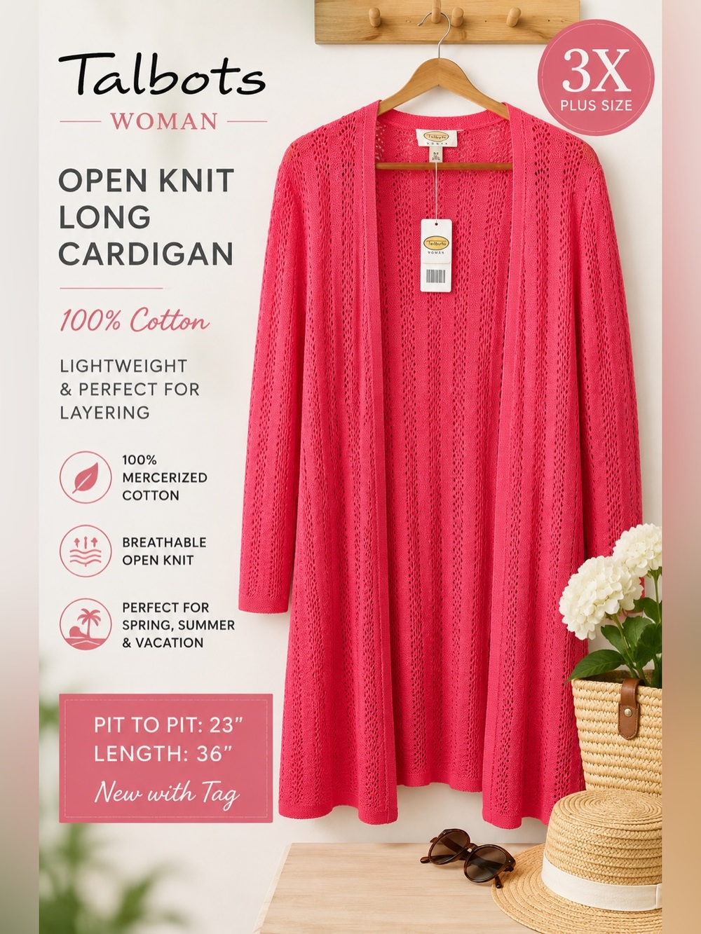Talbots Woman 3X Pink Open Knit Long Cardigan Duster 100% Cotton NWT
